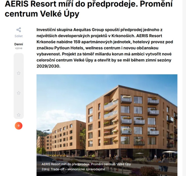 AERIS Resort heads into pre-sale. Set to transform the center of Velká Úpa